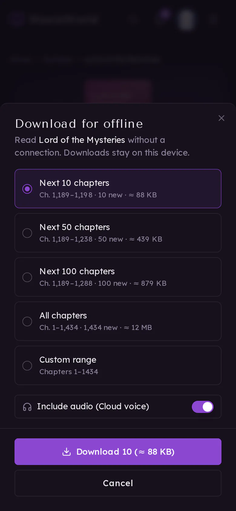 The Download for offline panel with Include audio switched on