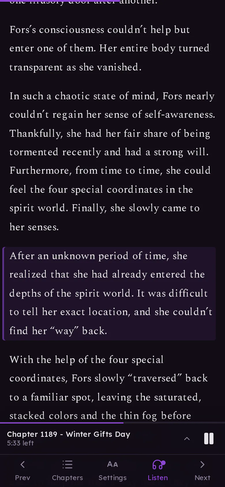 The reader with a small player in the toolbar showing the chapter and the time left