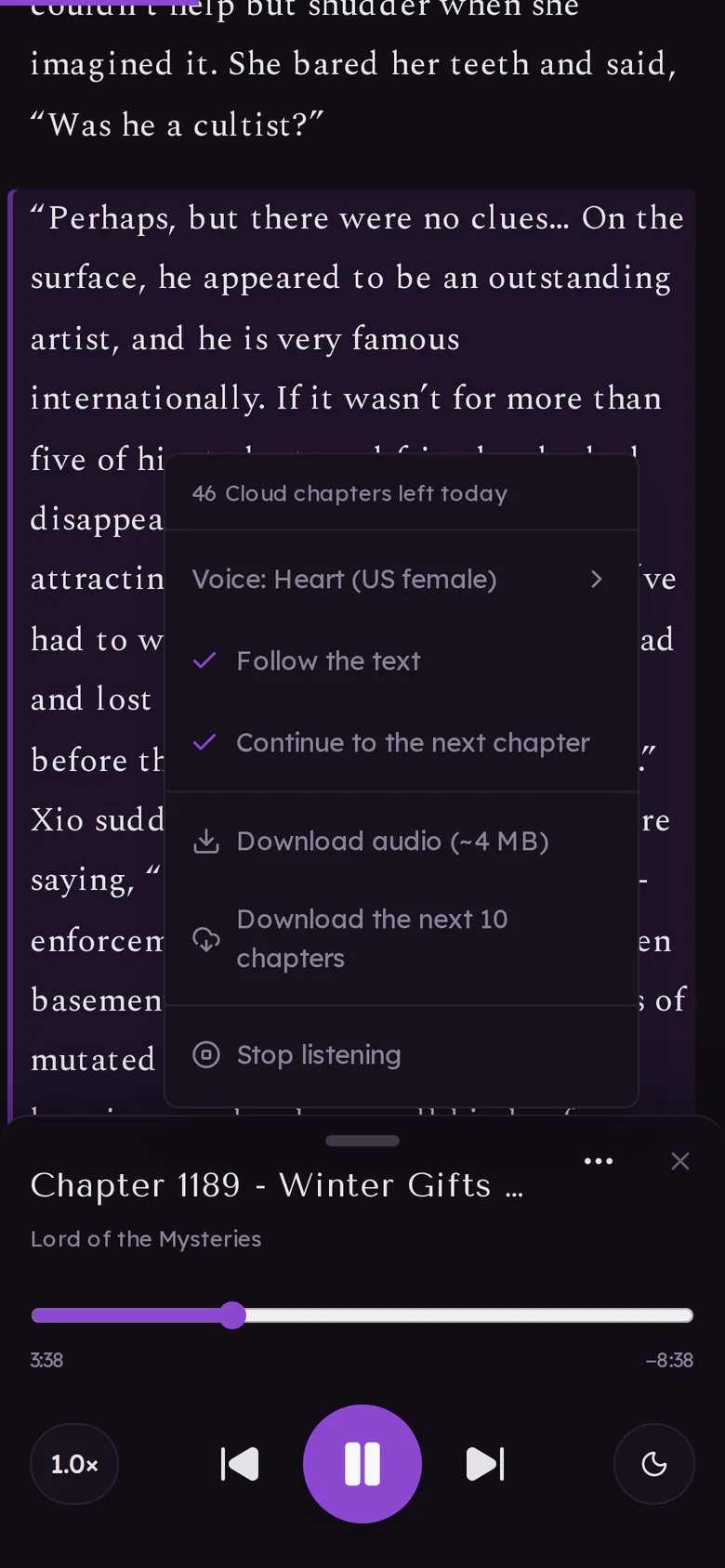 The player's menu with the voice, Follow the text, Continue to the next chapter and download options