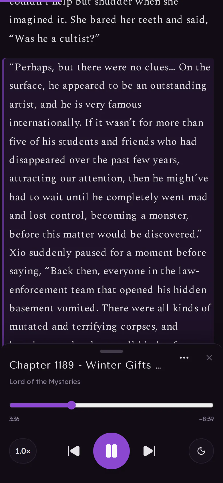 The Listen player open in the reader, with the paragraph being read highlighted