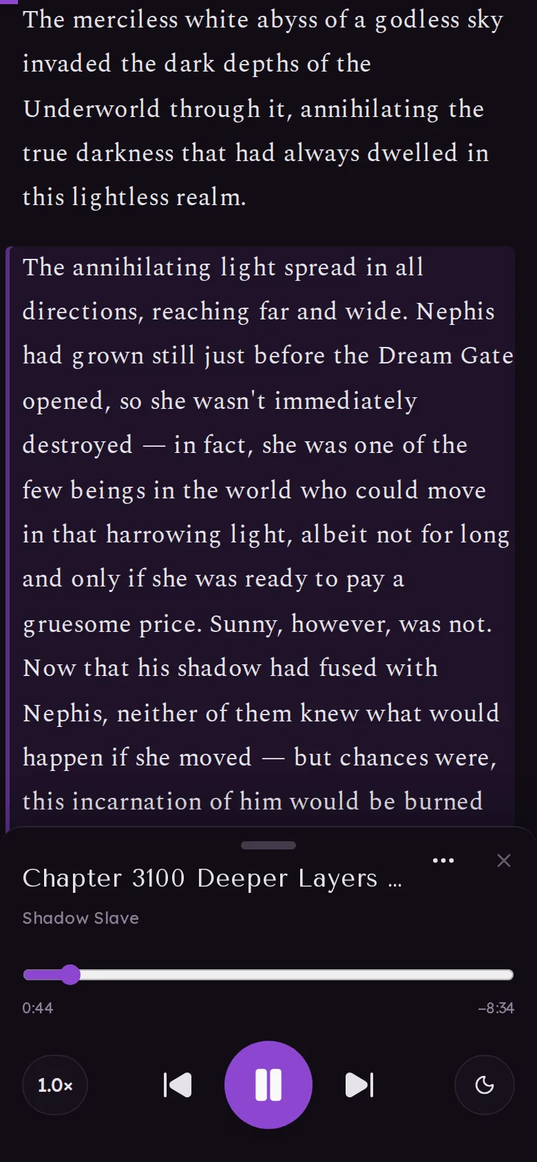 The Listen player reading a chapter, with the paragraph being read highlighted