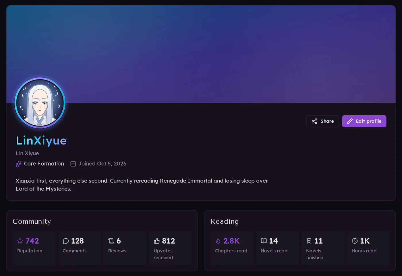 A public profile on a computer: avatar in an animated frame, a gradient name, realm, bio, and community and reading stats