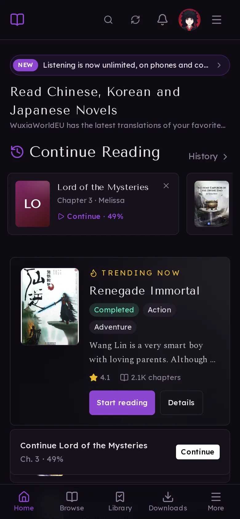The home page's Continue Reading showing 49% through the chapter, and the offer to continue