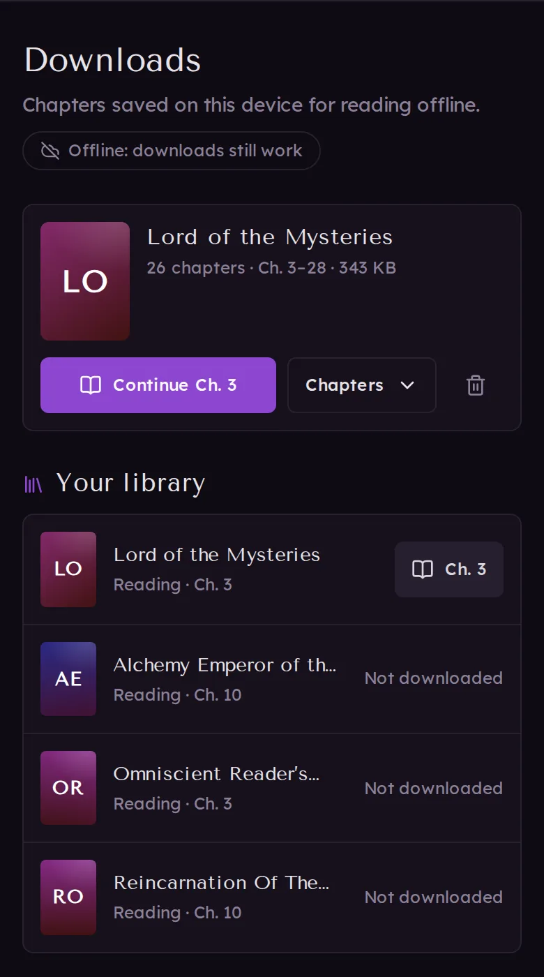 The Downloads page offline, with a "Your library" section listing each novel and whether it's downloaded